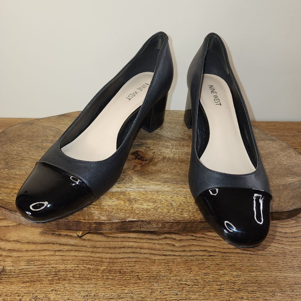 Nine West Black Leather & Patent Cap Toe Block Heel Pumps